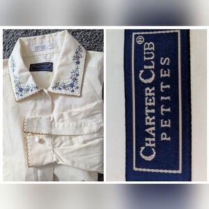 CLEARANCE Charter Club Petites Cream Blouse with Blue Embroidery.